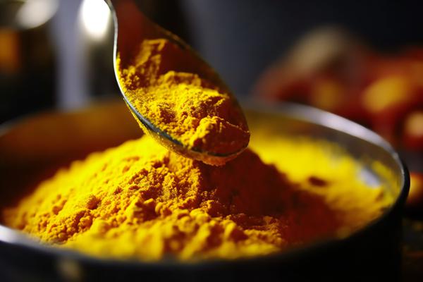 Vibrant turmeric powder being dusted over a golden curry