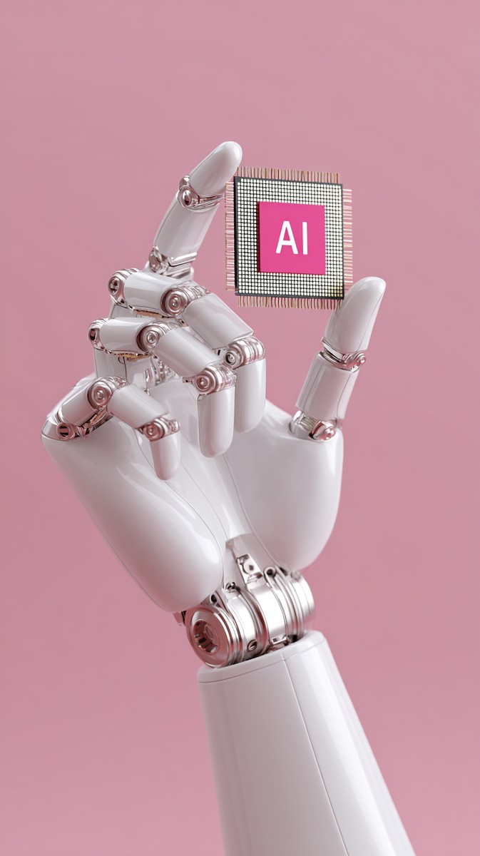 white robot hand holding small chip square with