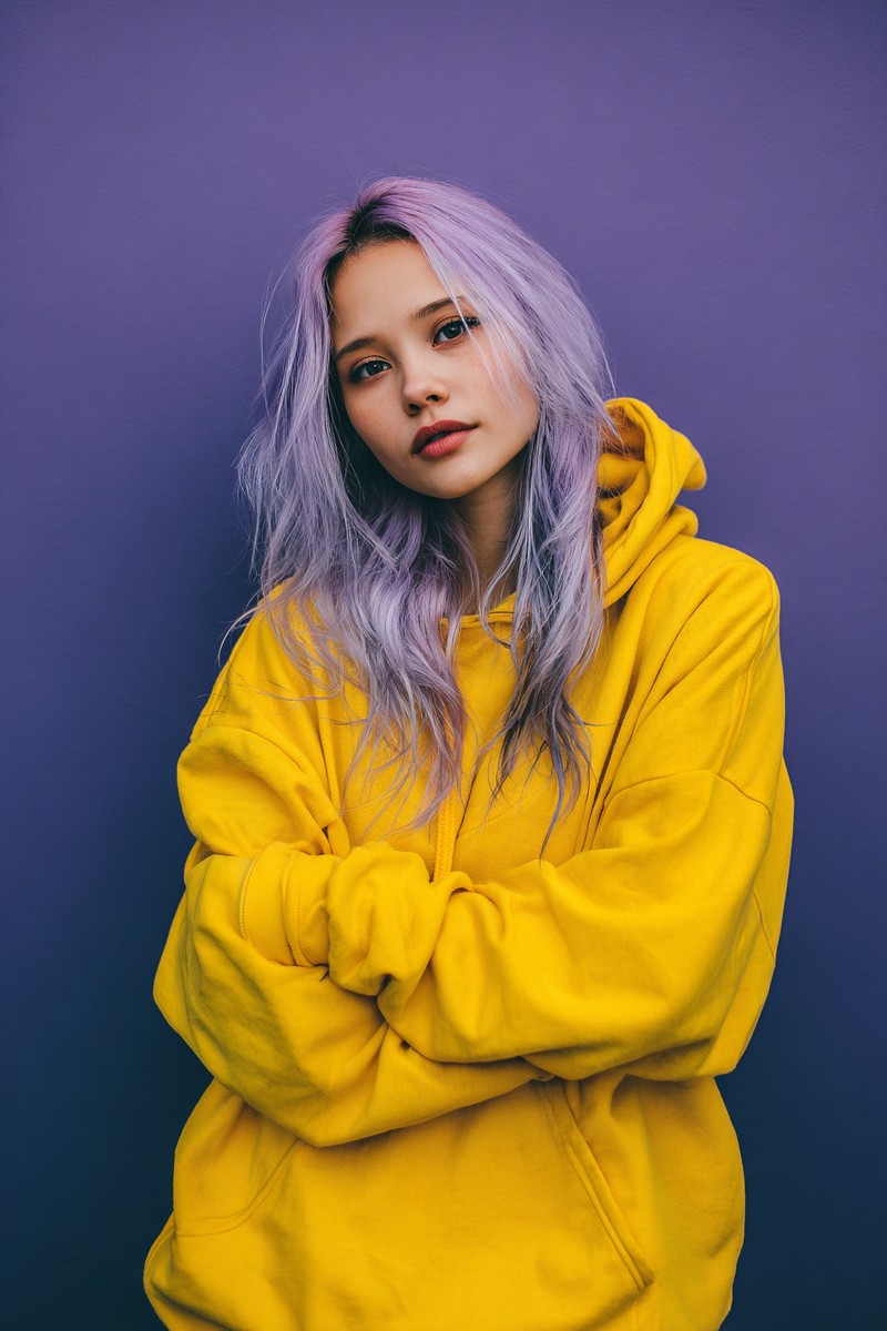 woman with lavender hair wearing bright yellow hoo