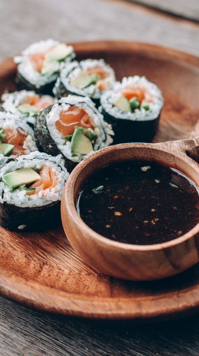 wooden plate with salmon and avocado maki rolls 631b7f9e f46f