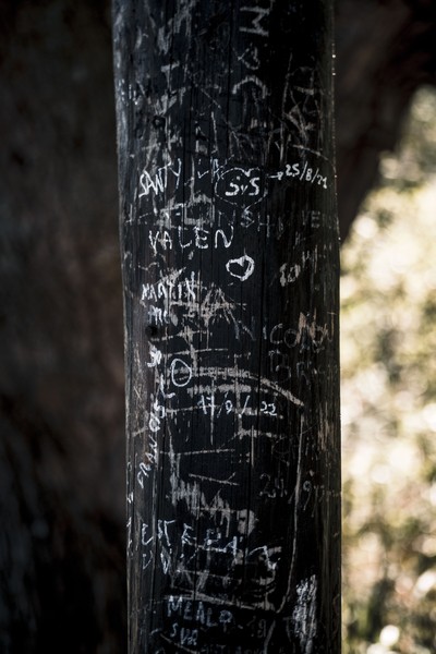 wooden post with initials written