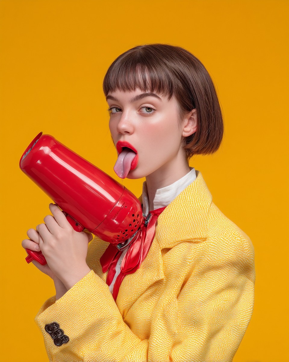 This image features a young woman in a yellow jacket, cheerfully licking a red hair dryer. Her playful expression captures a moment of joy and creativity, making it ideal for themes of beauty and self-expression. Perfect for beauty blogs, fashion magazines, or advertisements in the personal care industry.