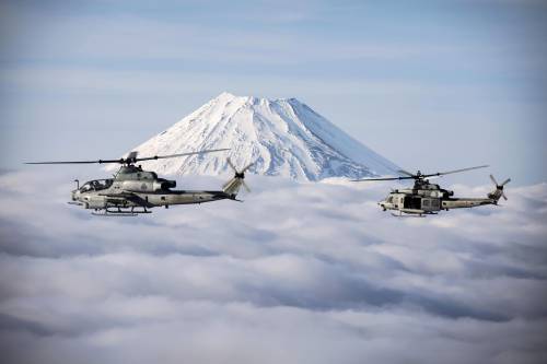 Marine Helicopters flying over Mount Fuji image - Free 