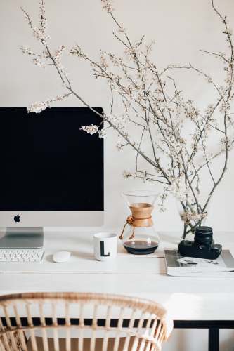 indoors silver imac on white table black