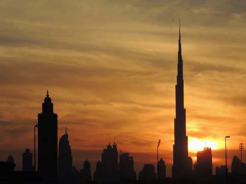 Dubai Skyline Under the Setting Sun in United Arab 