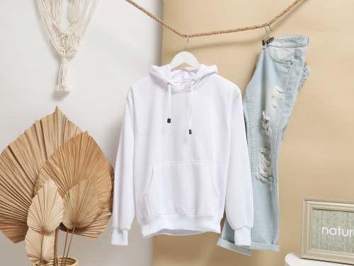 fashion white zip up jacket hanging on brown wooden clothes hanger style